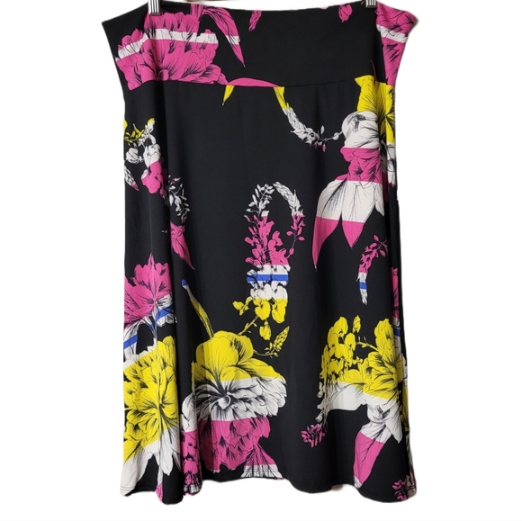 VKY & Co Dresses & Skirts - VKY & CO Tropical Print Midi Stretch Skirt Size 2X Black Pink Yellow